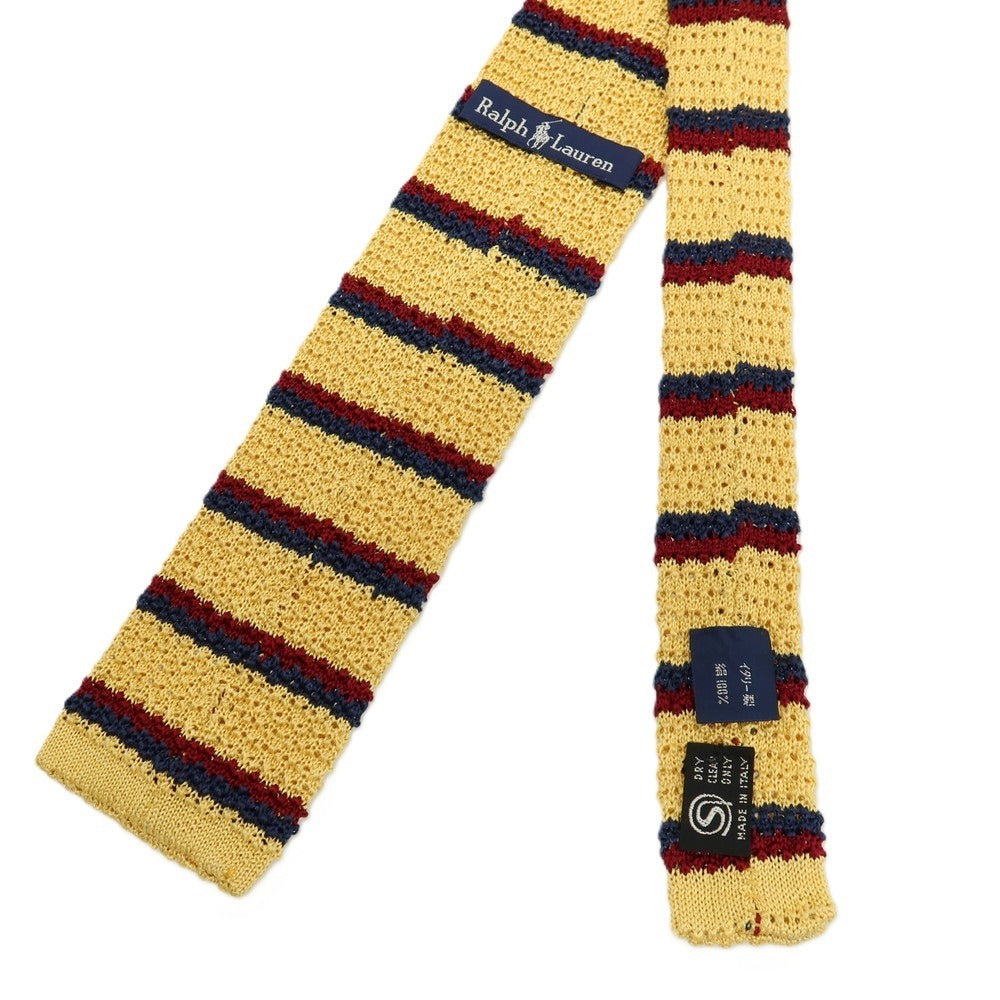 【中古】ラルフローレン RALPH LAUREN シルク ボーダー柄 ニットタイ ネクタイ イエローxネイビー【 状態ランクB 】【 メンズ 】