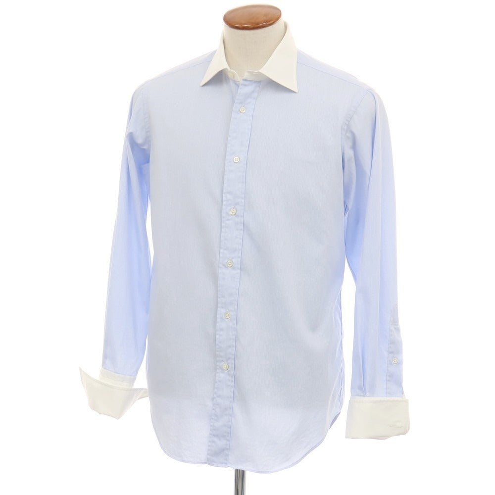 【中古】メイカーズシャツ カマクラ Makers Shirt 鎌倉 ストライプ ダブルカフス クレリック セミワイドカラー ドレスシャツ ライトブルーxホワイト【サイズ40-84】【 状態ランクB 】【 メンズ 】