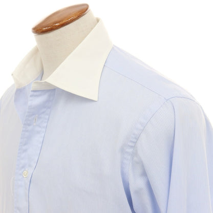 【中古】メイカーズシャツ カマクラ Makers Shirt 鎌倉 ストライプ ダブルカフス クレリック セミワイドカラー ドレスシャツ ライトブルーxホワイト【サイズ40-84】【 状態ランクB 】【 メンズ 】