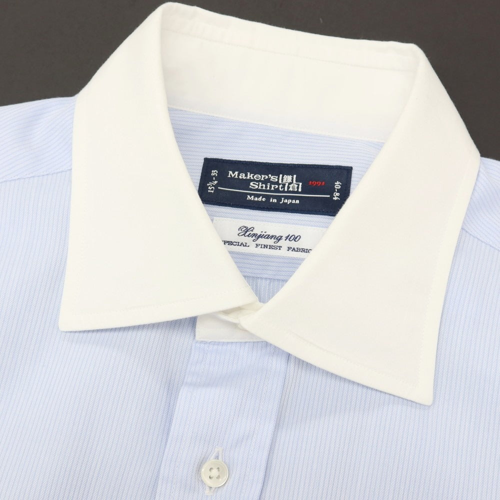 【中古】メイカーズシャツ カマクラ Makers Shirt 鎌倉 ストライプ ダブルカフス クレリック セミワイドカラー ドレスシャツ ライトブルーxホワイト【サイズ40-84】【 状態ランクB 】【 メンズ 】