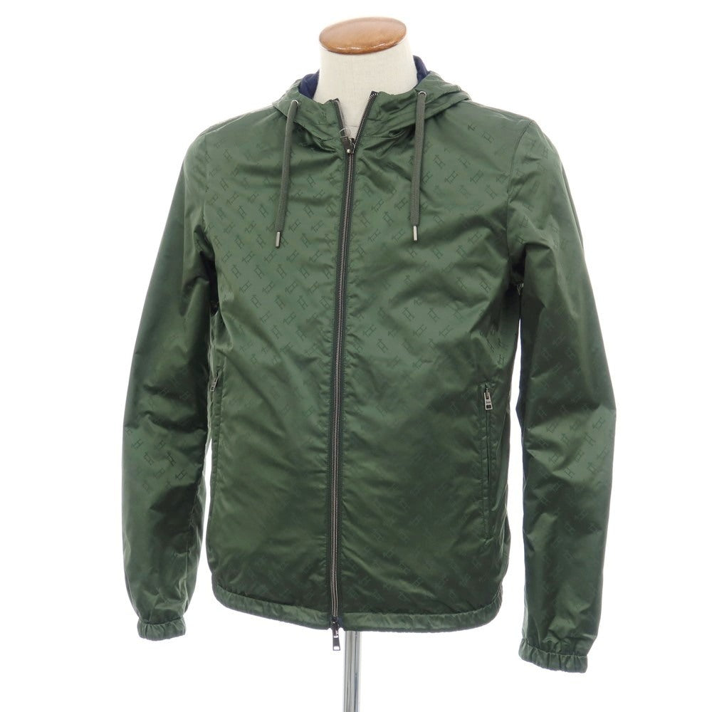 【中古】ヘルノ Herno リバーシブル モノグラム柄ジャカード＆ストレッチメッシュ フーデッドブルゾン グリーンxネイビー【サイズ46】【 状態ランクB 】【 メンズ 】