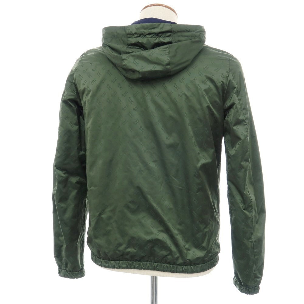【中古】ヘルノ Herno リバーシブル モノグラム柄ジャカード＆ストレッチメッシュ フーデッドブルゾン グリーンxネイビー【サイズ46】【 状態ランクB 】【 メンズ 】