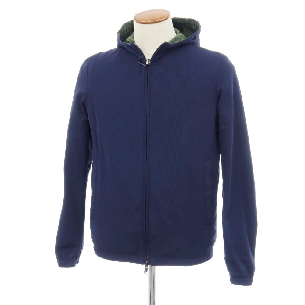 【中古】ヘルノ Herno リバーシブル モノグラム柄ジャカード＆ストレッチメッシュ フーデッドブルゾン グリーンxネイビー【サイズ46】【 状態ランクB 】【 メンズ 】