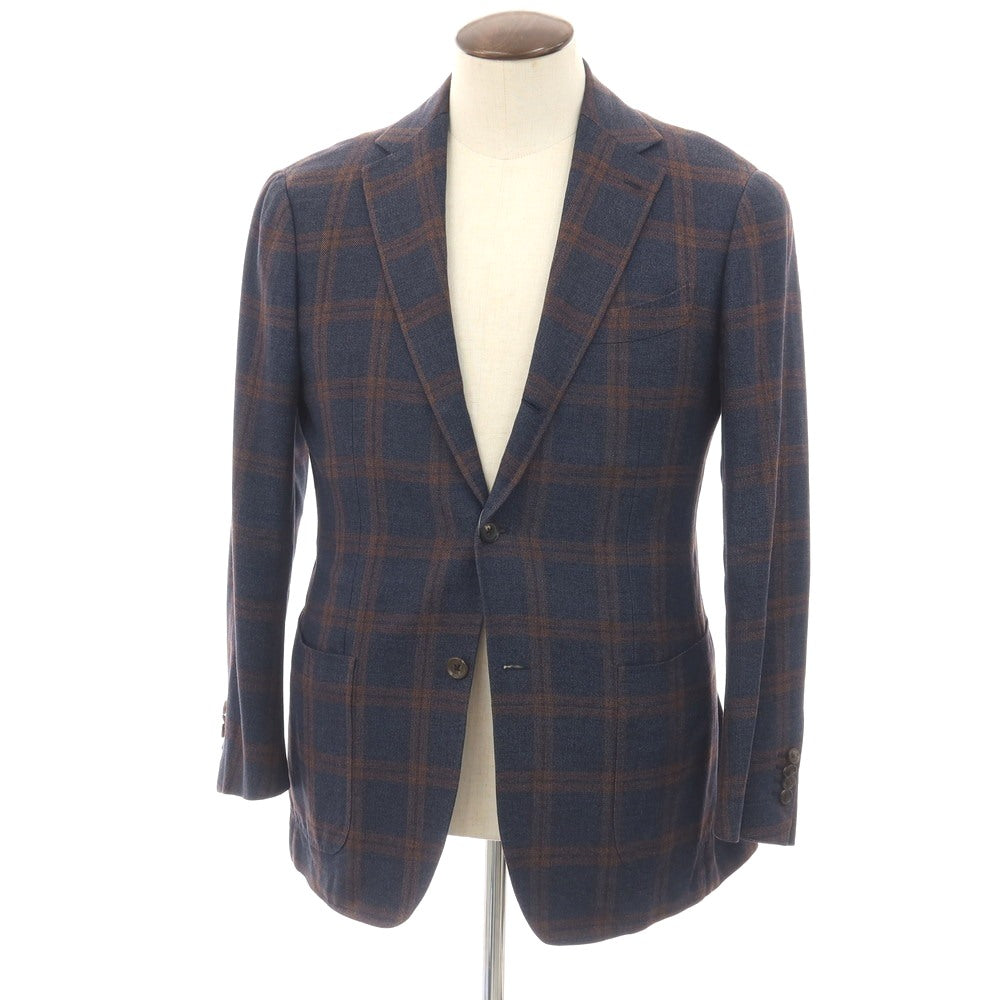 【中古】リングヂャケット RING JACKET シルクコットン チェック 3B テーラードジャケット ネイビーxブラウン【サイズ50】【 状態ランクC 】【 メンズ 】