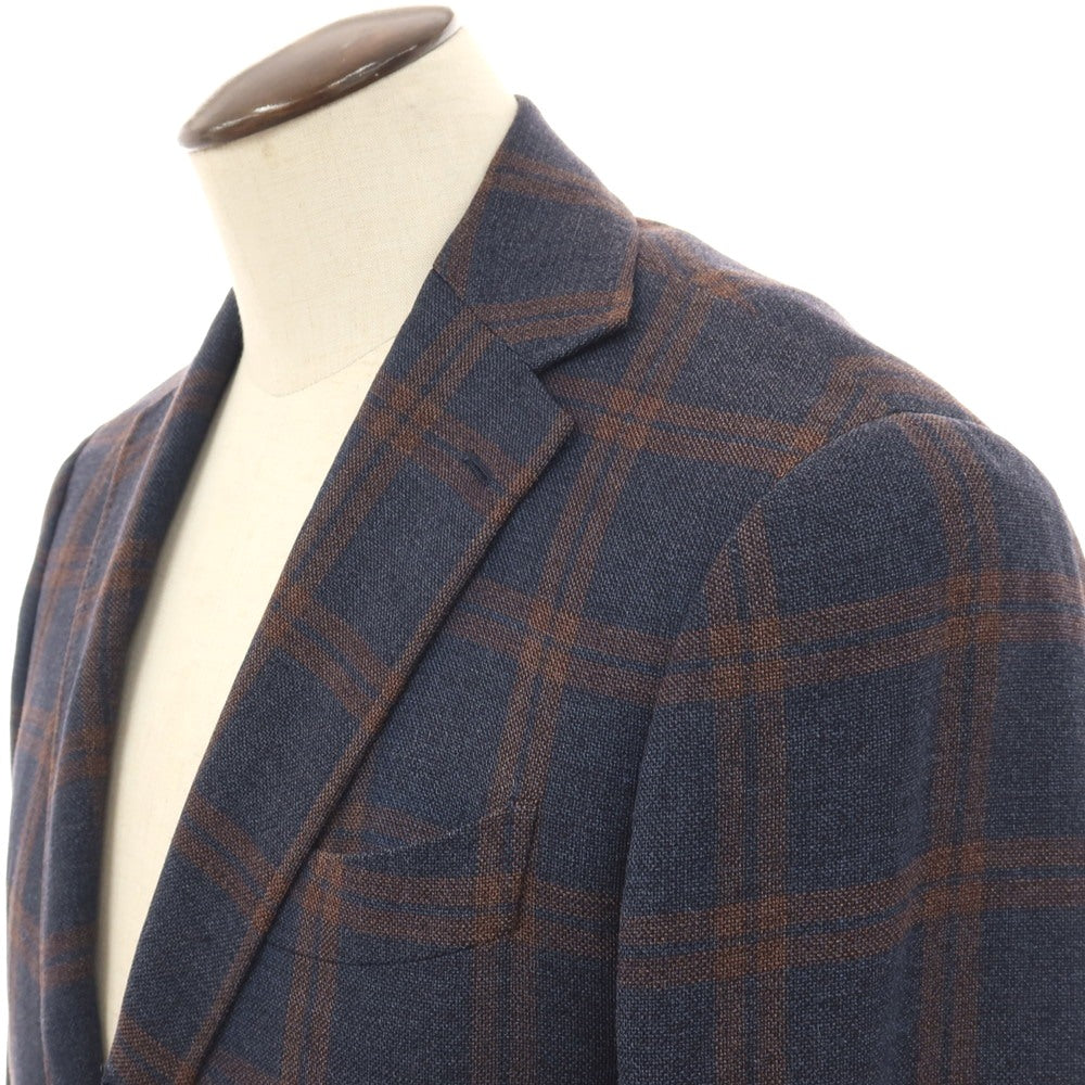 【中古】リングヂャケット RING JACKET シルクコットン チェック 3B テーラードジャケット ネイビーxブラウン【サイズ50】【 状態ランクC 】【 メンズ 】