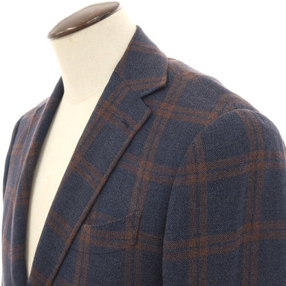 【中古】リングヂャケット RING JACKET シルクコットン チェック 3B テーラードジャケット ネイビーxブラウン【サイズ50】【 状態ランクC 】【 メンズ 】