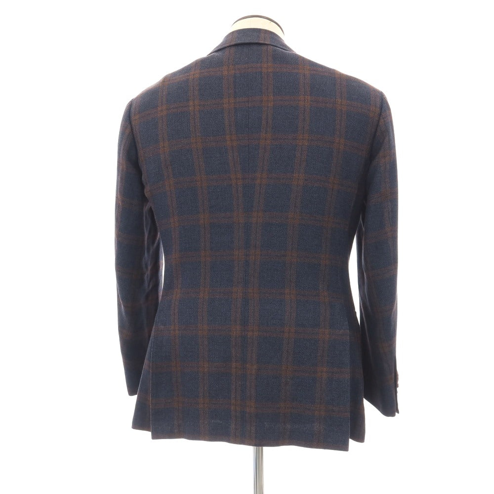 【中古】リングヂャケット RING JACKET シルクコットン チェック 3B テーラードジャケット ネイビーxブラウン【サイズ50】【 状態ランクC 】【 メンズ 】