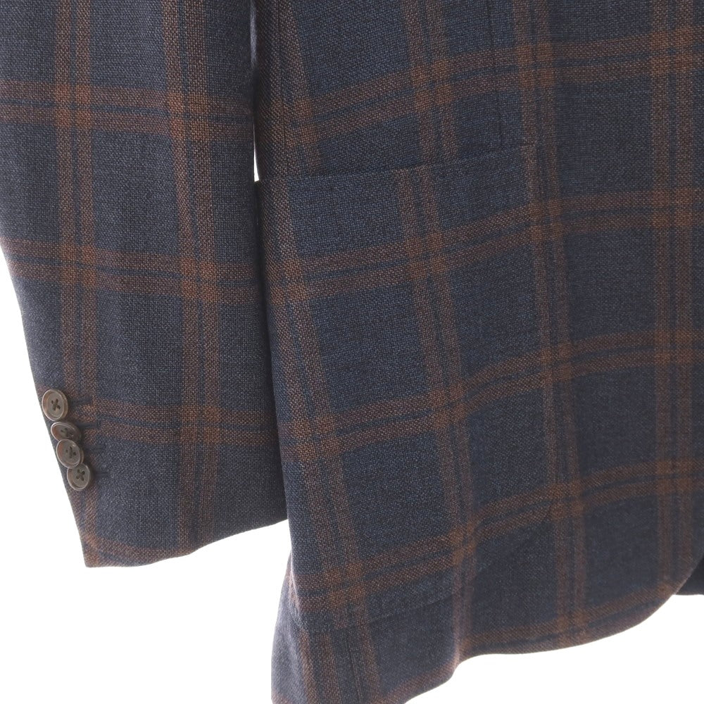 【中古】リングヂャケット RING JACKET シルクコットン チェック 3B テーラードジャケット ネイビーxブラウン【サイズ50】【 状態ランクC 】【 メンズ 】