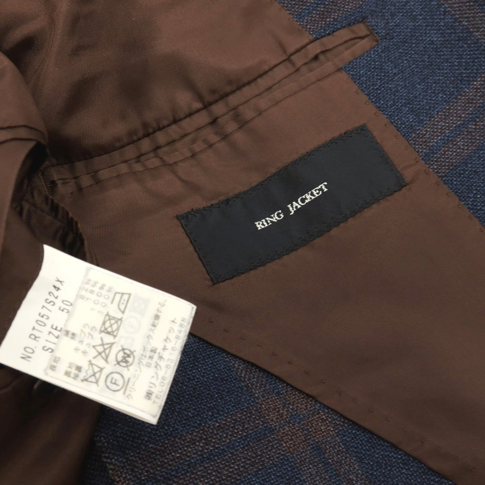 【中古】リングヂャケット RING JACKET シルクコットン チェック 3B テーラードジャケット ネイビーxブラウン【サイズ50】【 状態ランクC 】【 メンズ 】