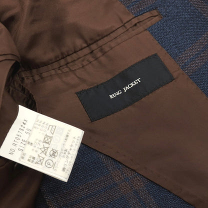 【中古】リングヂャケット RING JACKET シルクコットン チェック 3B テーラードジャケット ネイビーxブラウン【サイズ50】【 状態ランクC 】【 メンズ 】