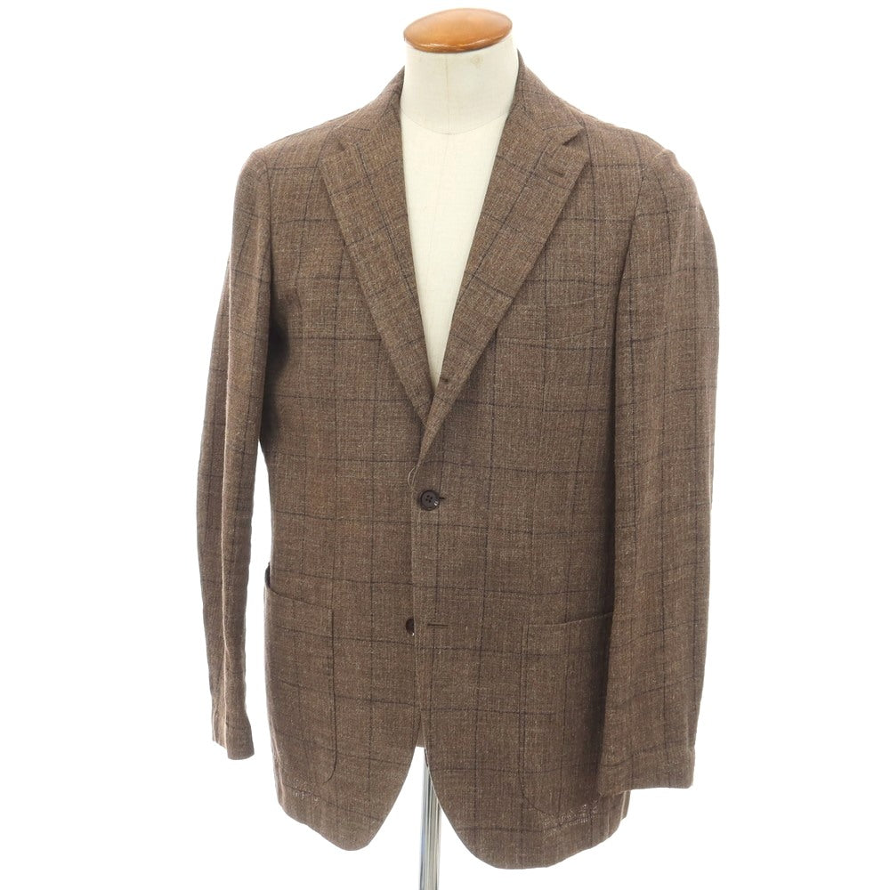 【中古】リングヂャケット RING JACKET シルクリネンナイロン ウィンドウペーンチェック 3B テーラードジャケット ブラウンxネイビー【サイズ48】【 状態ランクC 】【 メンズ 】