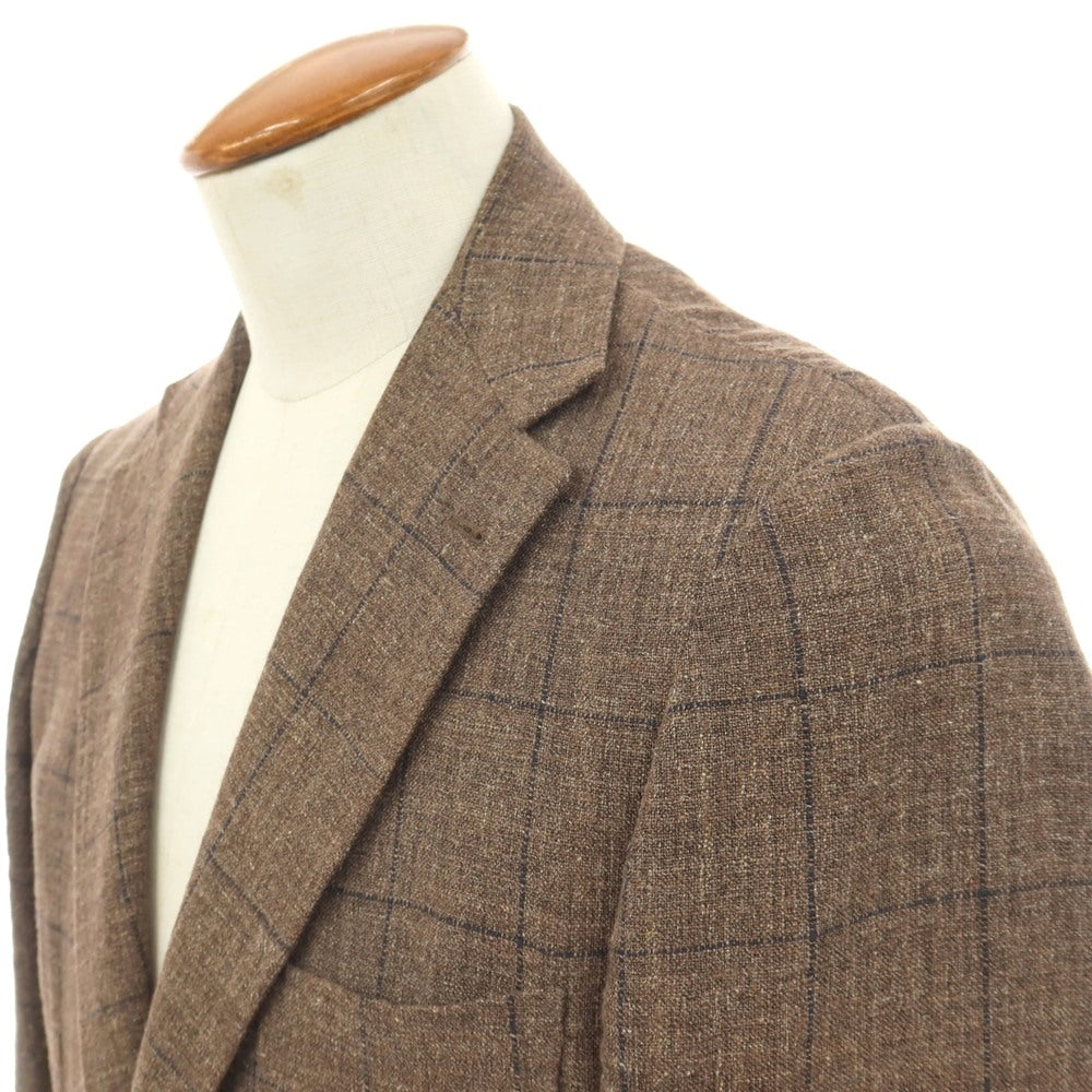 【中古】リングヂャケット RING JACKET シルクリネンナイロン ウィンドウペーンチェック 3B テーラードジャケット ブラウンxネイビー【サイズ48】【 状態ランクC 】【 メンズ 】