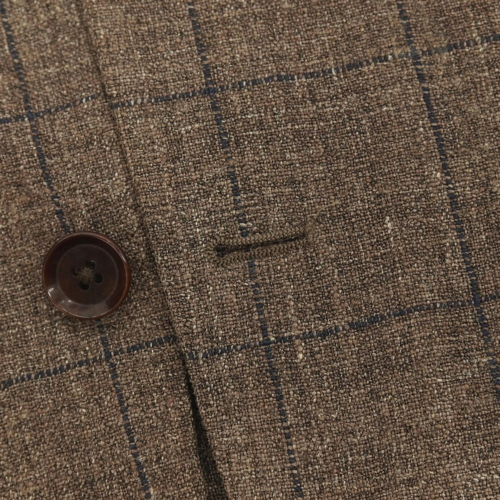 【中古】リングヂャケット RING JACKET シルクリネンナイロン ウィンドウペーンチェック 3B テーラードジャケット ブラウンxネイビー【サイズ48】【 状態ランクC 】【 メンズ 】