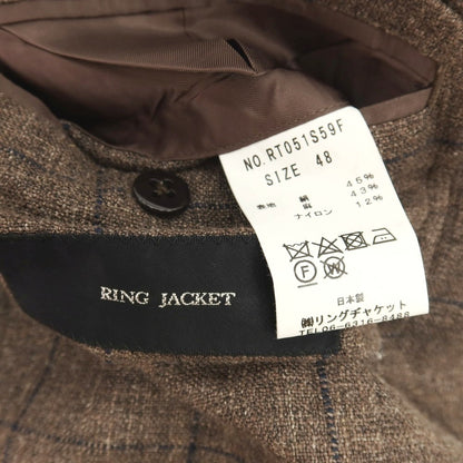 【中古】リングヂャケット RING JACKET シルクリネンナイロン ウィンドウペーンチェック 3B テーラードジャケット ブラウンxネイビー【サイズ48】【 状態ランクC 】【 メンズ 】