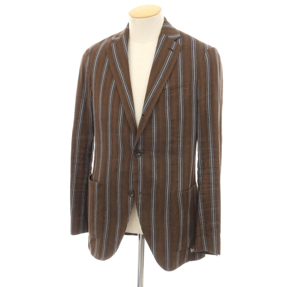 【中古】ラルディーニ LARDINI リネンコットン ストライプ 3B テーラードジャケット ブラウンxブルー【サイズ46 7REG】【 状態ランクD 】【 メンズ 】