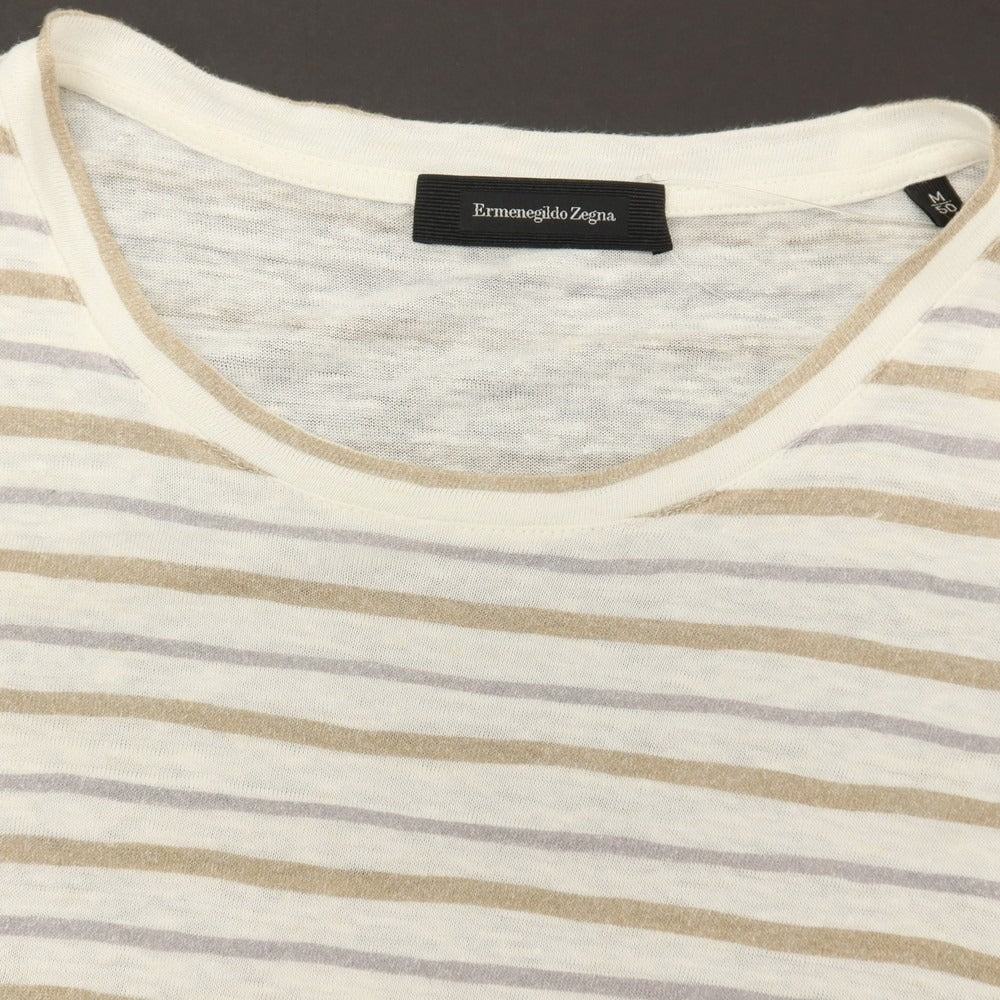 【中古】エルメネジルドゼニア Ermenegildo Zegna リネン ボーダー クルーネック 半袖Ｔシャツ ホワイトxブラウン【サイズ50/M】【 状態ランクC 】【 メンズ 】