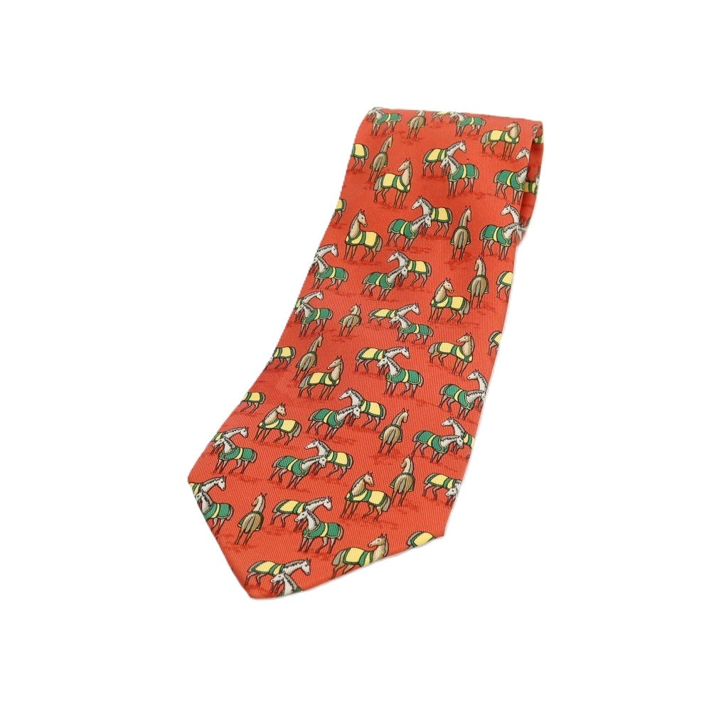 【中古】エルメス HERMES シルク プリント 馬 ホース柄ネクタイ ダークオレンジ【 状態ランクD 】【 メンズ 】