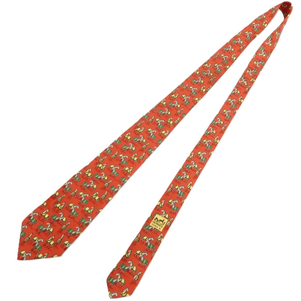 【中古】エルメス HERMES シルク プリント 馬 ホース柄ネクタイ ダークオレンジ【 状態ランクD 】【 メンズ 】