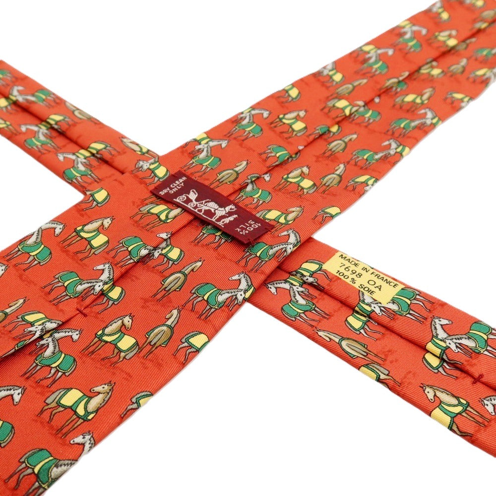 【中古】エルメス HERMES シルク プリント 馬 ホース柄ネクタイ ダークオレンジ【 状態ランクD 】【 メンズ 】
