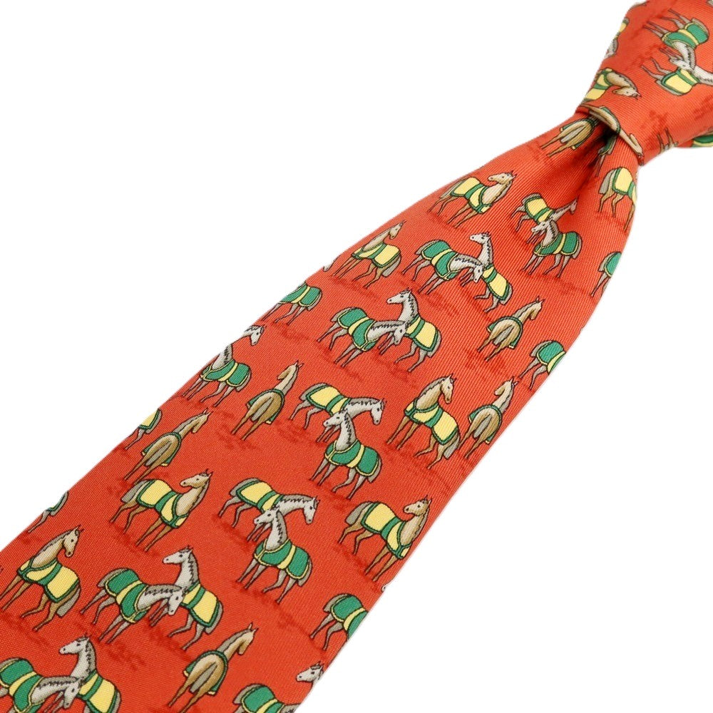 【中古】エルメス HERMES シルク プリント 馬 ホース柄ネクタイ ダークオレンジ【 状態ランクD 】【 メンズ 】