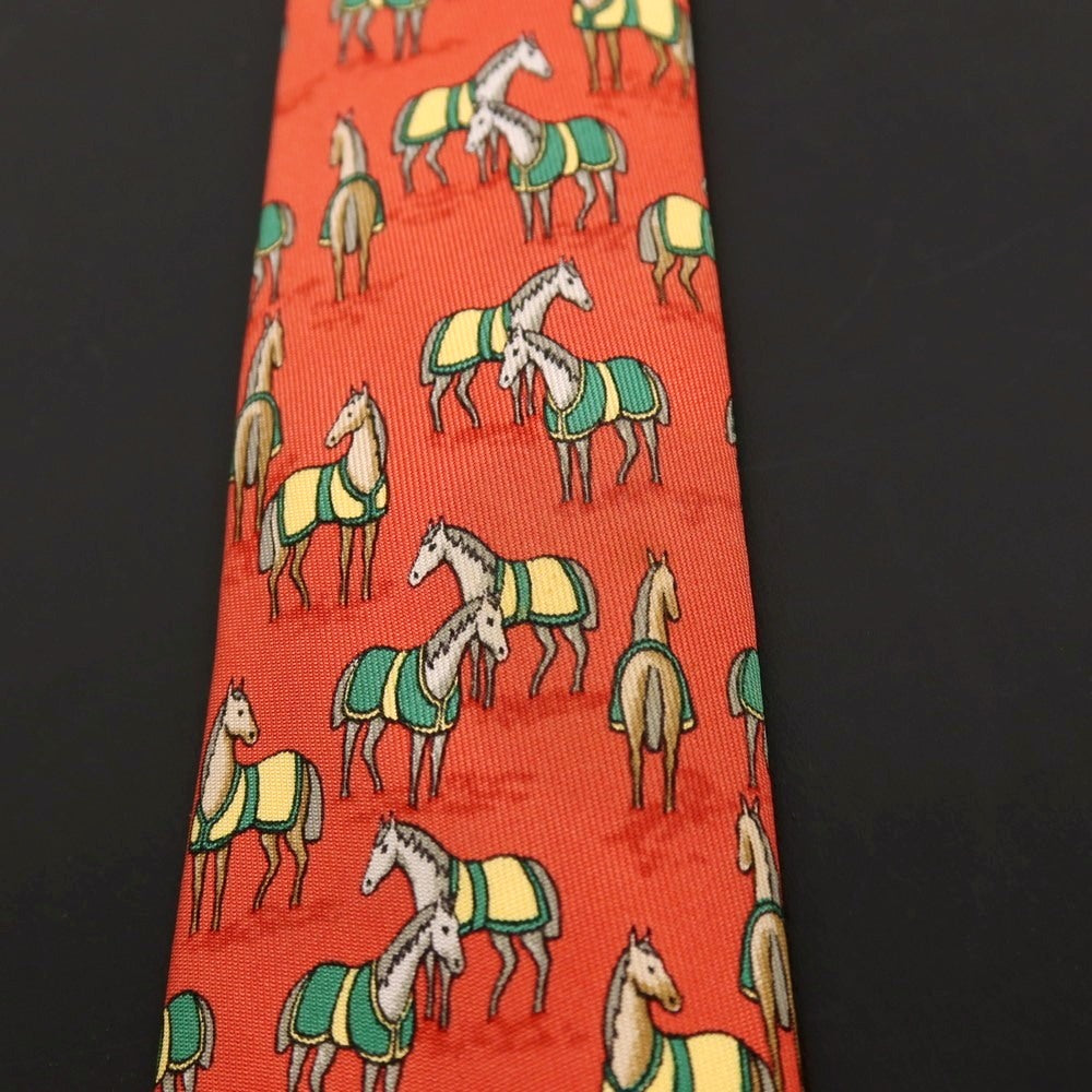 【中古】エルメス HERMES シルク プリント 馬 ホース柄ネクタイ ダークオレンジ【 状態ランクD 】【 メンズ 】