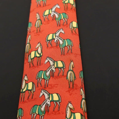 【中古】エルメス HERMES シルク プリント 馬 ホース柄ネクタイ ダークオレンジ【 状態ランクD 】【 メンズ 】