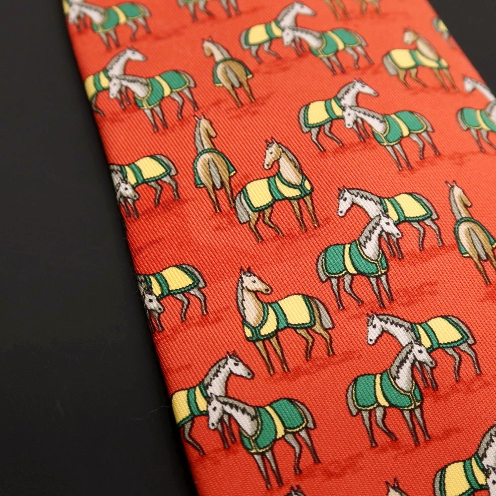 【中古】エルメス HERMES シルク プリント 馬 ホース柄ネクタイ ダークオレンジ【 状態ランクD 】【 メンズ 】