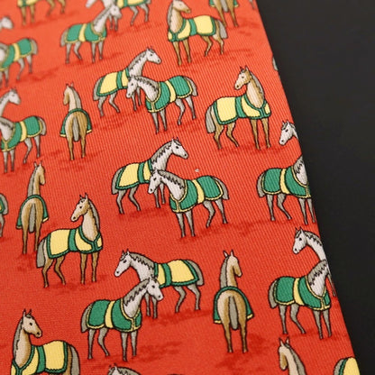 【中古】エルメス HERMES シルク プリント 馬 ホース柄ネクタイ ダークオレンジ【 状態ランクD 】【 メンズ 】