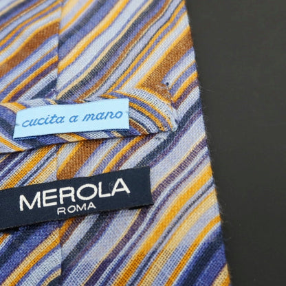 【中古】メローラ MEROLA リネン プリント ストライプ柄ネクタイ ブルー系【 状態ランクB 】【 メンズ 】