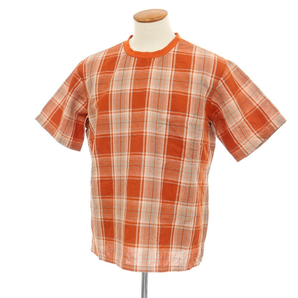 【中古】ペンドルトン PENDLETON リネンコットン チェック クルーネック プルオーバーシャツ 半袖カットソー ダークオレンジxホワイト【サイズM】【 状態ランクB 】【 メンズ 】
