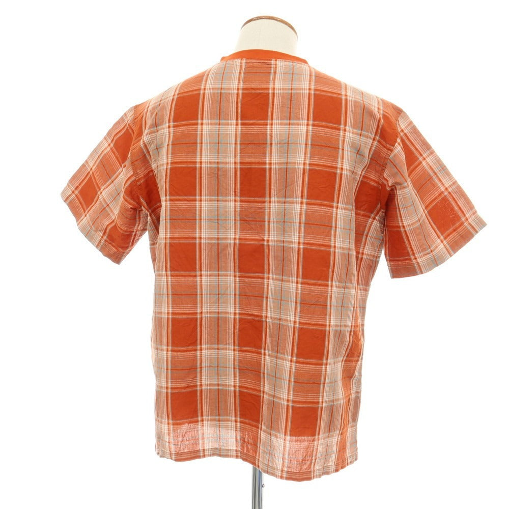 【中古】ペンドルトン PENDLETON リネンコットン チェック クルーネック プルオーバーシャツ 半袖カットソー ダークオレンジxホワイト【サイズM】【 状態ランクB 】【 メンズ 】