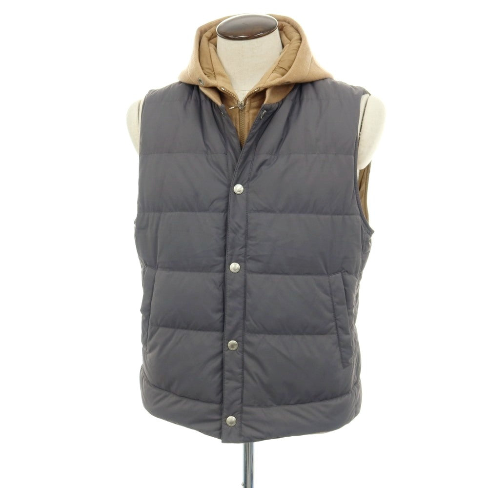 【中古】ブルネロクチネリ Brunello Cucinelli ナイロン×カシミヤ レイヤードデザイン フーデッド ダウンベスト グレーxベージュ【サイズM】【 状態ランクB 】【 メンズ 】