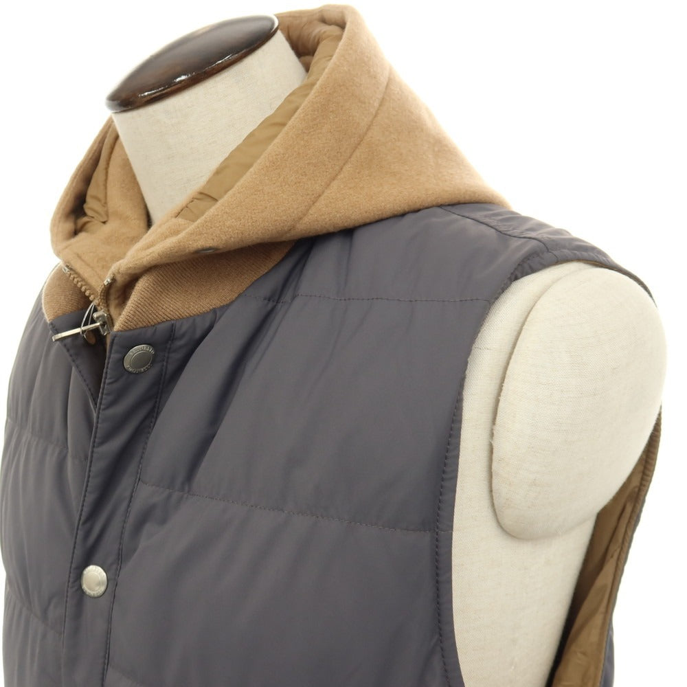 【中古】ブルネロクチネリ Brunello Cucinelli ナイロン×カシミヤ レイヤードデザイン フーデッド ダウンベスト グレーxベージュ【サイズM】【 状態ランクB 】【 メンズ 】
