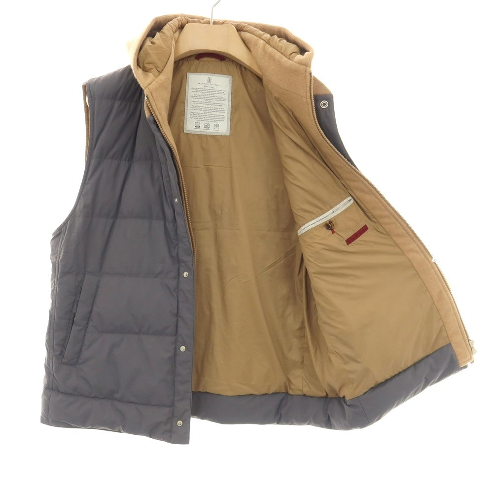【中古】ブルネロクチネリ Brunello Cucinelli ナイロン×カシミヤ レイヤードデザイン フーデッド ダウンベスト グレーxベージュ【サイズM】【 状態ランクB 】【 メンズ 】