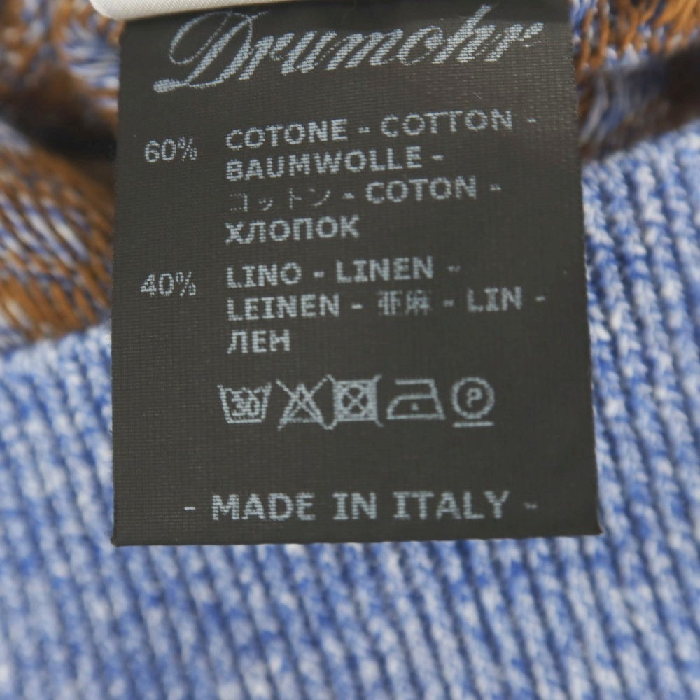 【新品】ドルモア DRUMOHR コットンリネン ビスコッティ柄 クルーネック プルオーバーニット ブラウンxブルー【サイズ44】【 状態ランクN 】【 メンズ 】