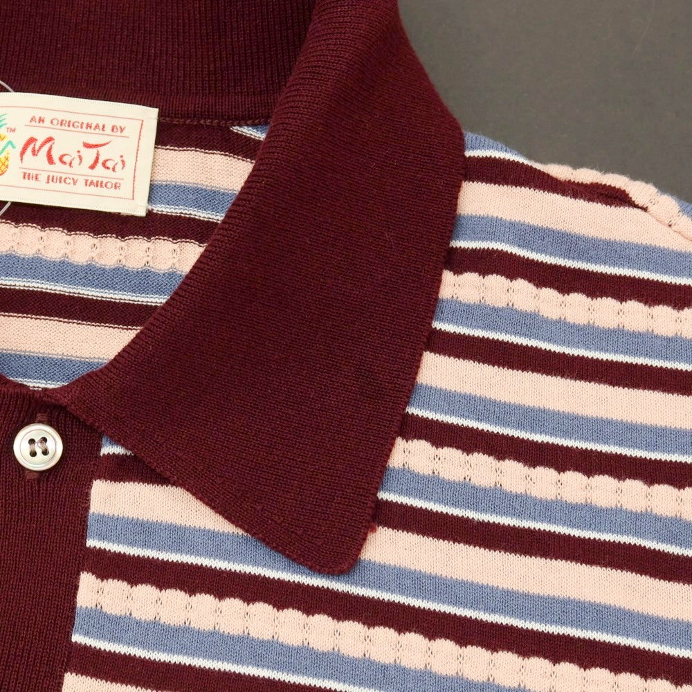 【中古】マイタイ Mai Tai 2026年春夏 コットン ボーダー 半袖 ポロニット ピンクxワインレッド【サイズM】【 状態ランクB 】【 メンズ 】