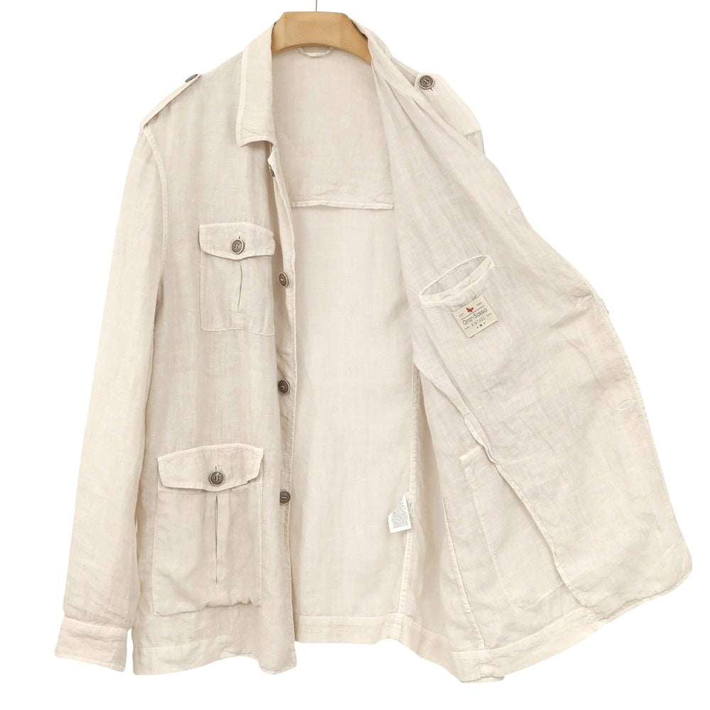 【中古】グランサッソ GRAN SASSO VINTAGE リネン サファリジャケット アイボリーベージュ【サイズ54】【 状態ランクB 】【 メンズ 】