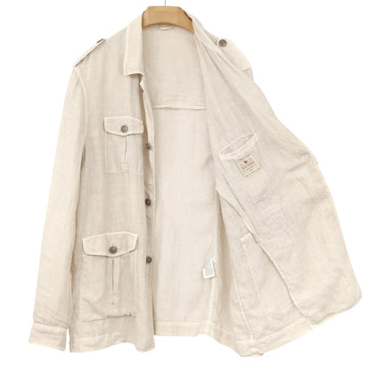 【中古】グランサッソ GRAN SASSO VINTAGE リネン サファリジャケット アイボリーベージュ【サイズ54】【 状態ランクB 】【 メンズ 】