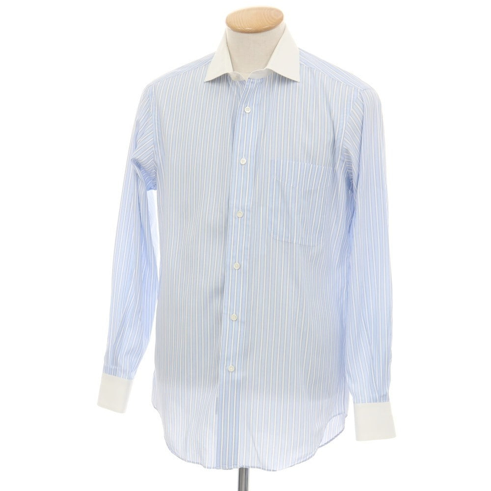 【中古】メイカーズシャツ カマクラ Makers Shirt 鎌倉 コットン ストライプ クレリック ワイドカラー ドレスシャツ ブルーxホワイト【サイズ38】【 状態ランクC 】【 メンズ 】