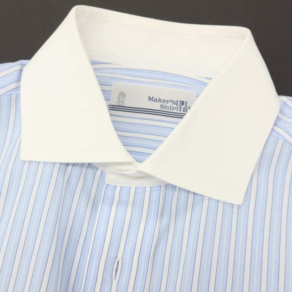 【中古】メイカーズシャツ カマクラ Makers Shirt 鎌倉 コットン ストライプ クレリック ワイドカラー ドレスシャツ ブルーxホワイト【サイズ38】【 状態ランクC 】【 メンズ 】