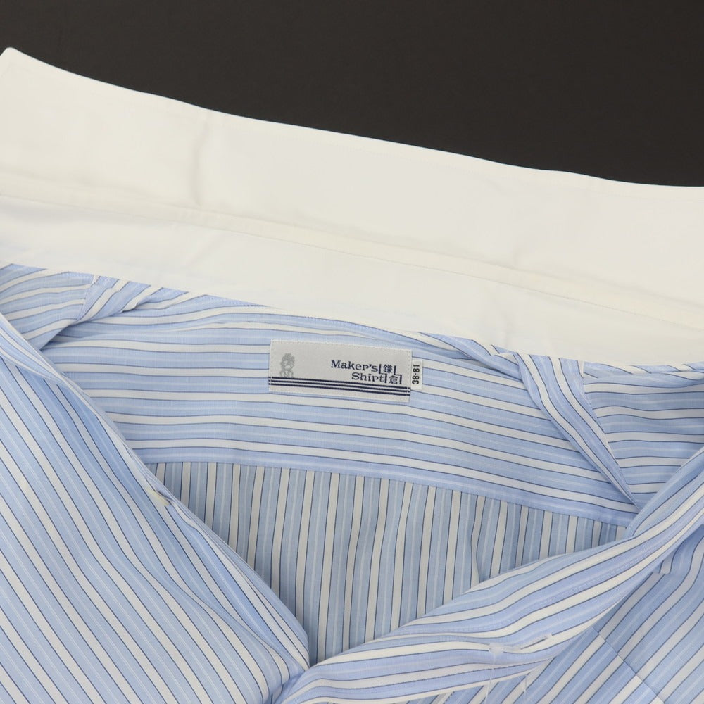 【中古】メイカーズシャツ カマクラ Makers Shirt 鎌倉 コットン ストライプ クレリック ワイドカラー ドレスシャツ ブルーxホワイト【サイズ38】【 状態ランクC 】【 メンズ 】