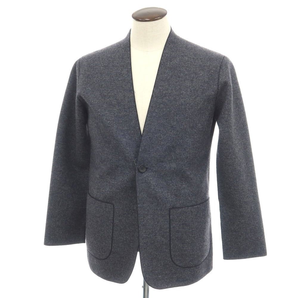 【中古】バーニーズニューヨーク BARNEYS NEWYORK ウールナイロンカシミヤ ハウンドトゥース調 1B ノーカラージャケット ネイビー【サイズL】【 状態ランクA 】【 メンズ 】