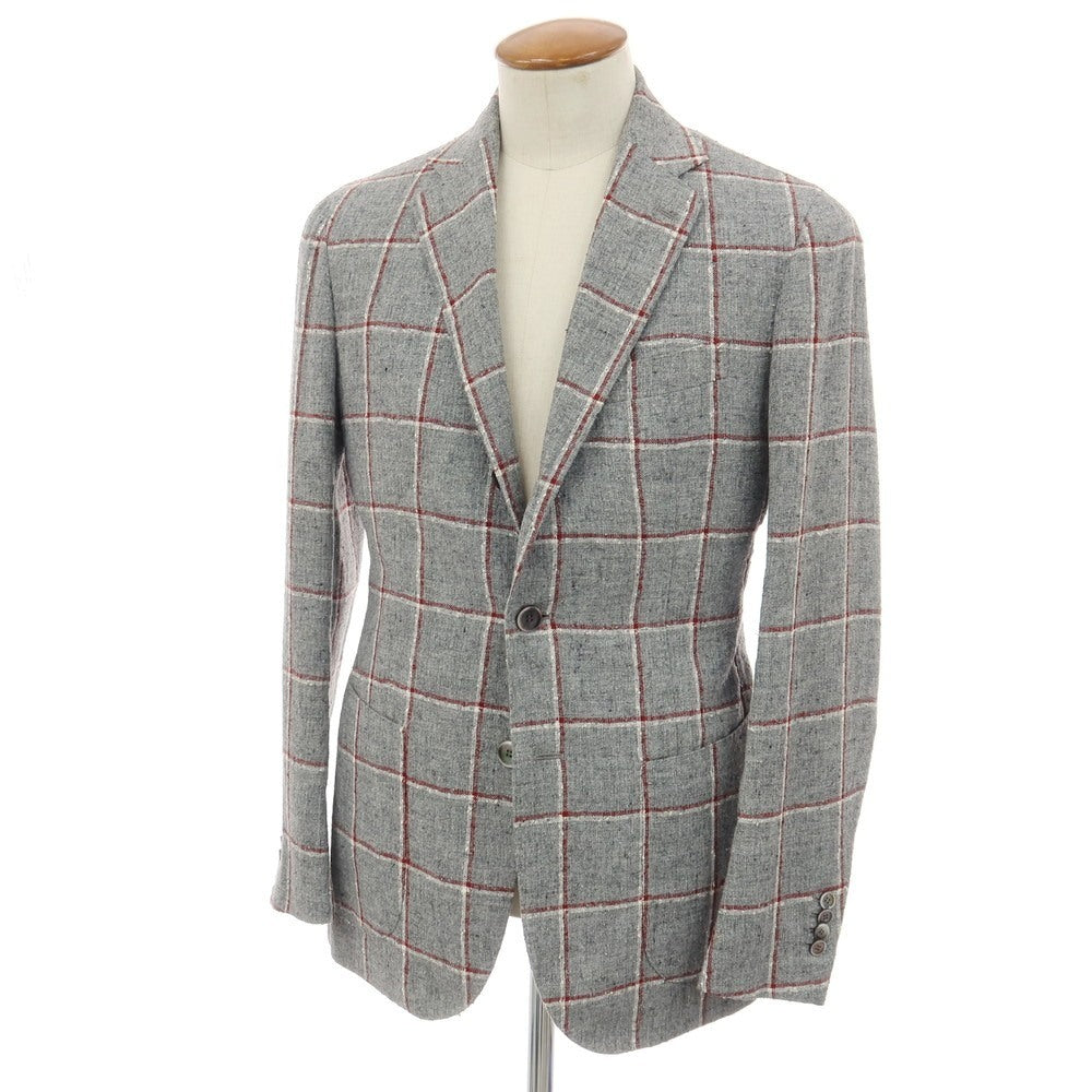 【中古】スティレ ラティーノ STILE LATINO リネンナイロン チェック 3B テーラードジャケット グレーxレッド【サイズ46 DROP 8R】【 状態ランクC 】【 メンズ 】