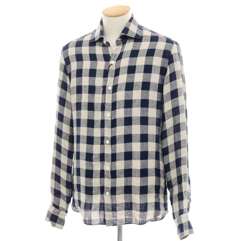 【中古】ジャンネット giannetto リネン ブロックチェック ワイドカラー カジュアルシャツ ネイビーxベージュ【サイズXS】【 状態ランクB 】【 メンズ 】