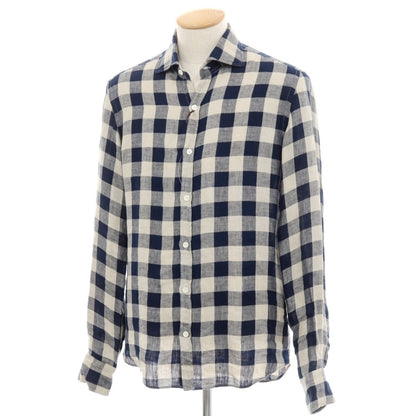 【中古】ジャンネット giannetto リネン ブロックチェック ワイドカラー カジュアルシャツ ネイビーxベージュ【サイズXS】【 状態ランクB 】【 メンズ 】