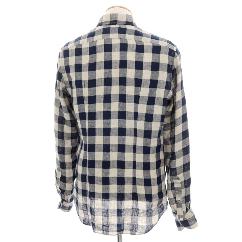 【中古】ジャンネット giannetto リネン ブロックチェック ワイドカラー カジュアルシャツ ネイビーxベージュ【サイズXS】【 状態ランクB 】【 メンズ 】