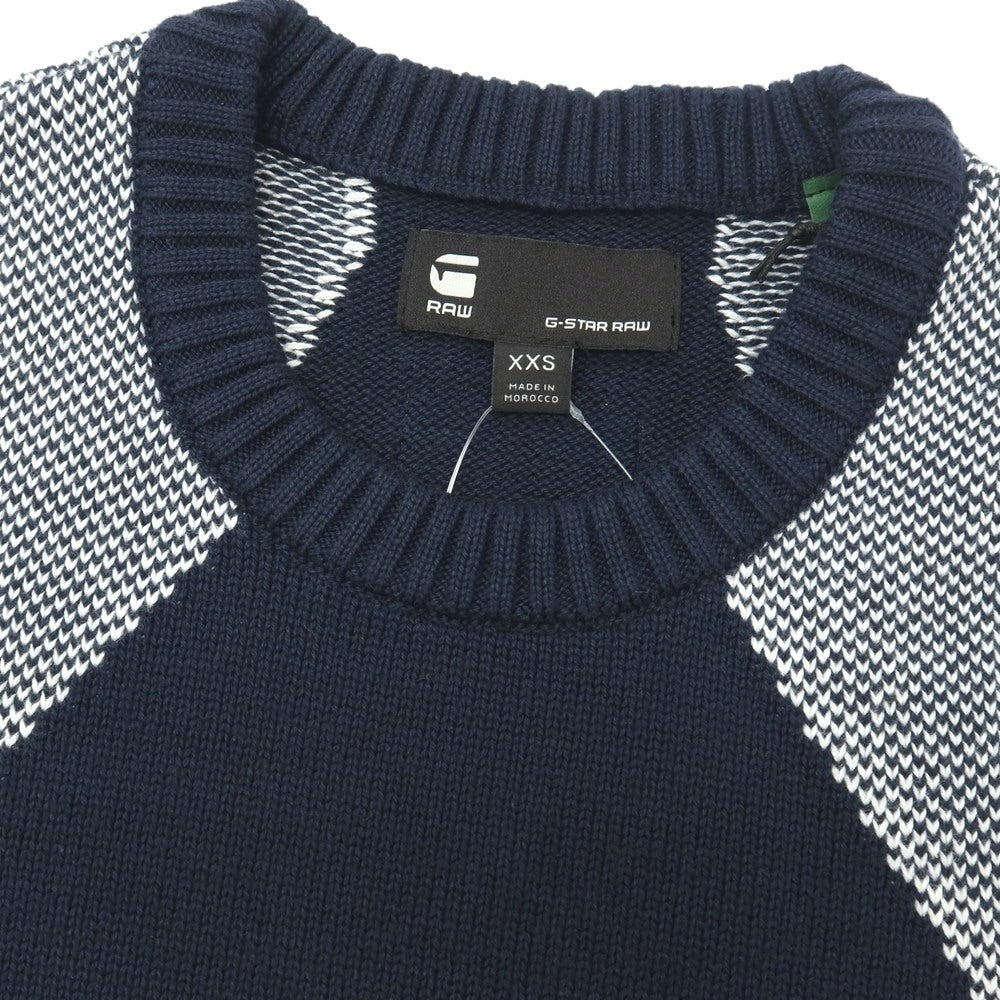 【新品】ジースターロウ G-STAR RAW コットンアクリル クルーネック プルオーバーニット ネイビーxホワイト【サイズXXS】【 状態ランクN 】【 メンズ 】