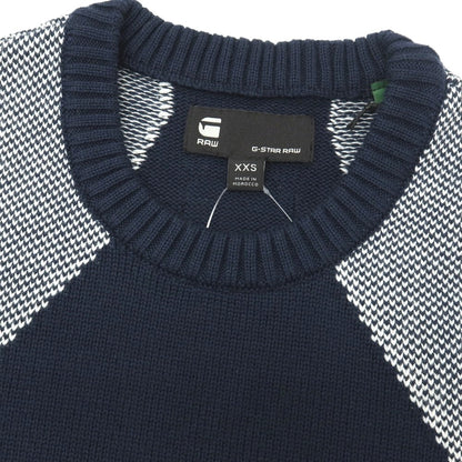 【新品】ジースターロウ G-STAR RAW コットンアクリル クルーネック プルオーバーニット ネイビーxホワイト【サイズXXS】【 状態ランクN 】【 メンズ 】