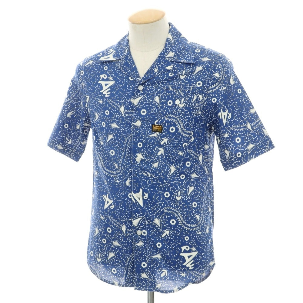 【新品】ジースターロウ G-STAR RAW コットン 総柄 プリント オープンカラー 半袖シャツ ブルーxホワイト【サイズXXS】【 状態ランクN 】【 メンズ 】