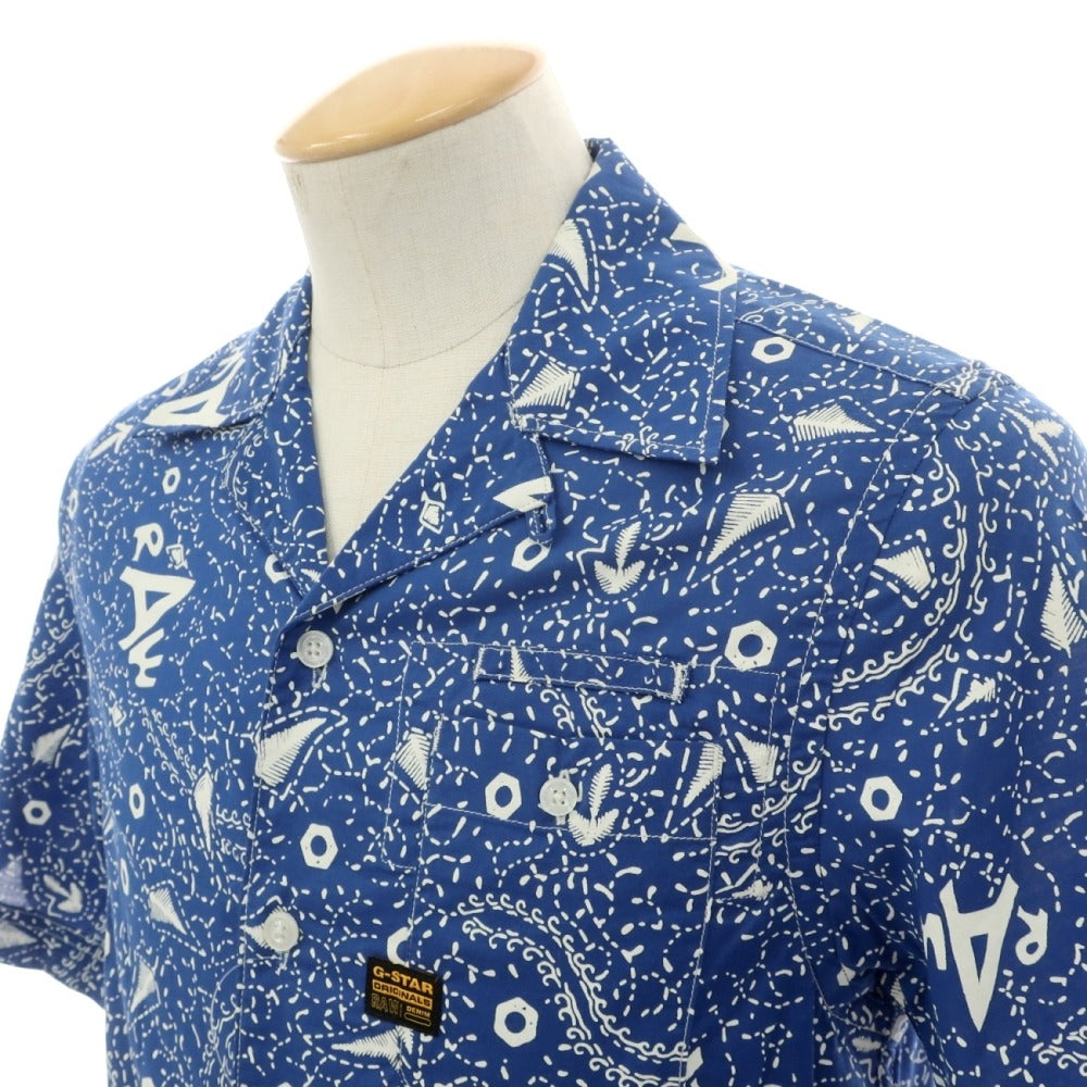 【新品】ジースターロウ G-STAR RAW コットン 総柄 プリント オープンカラー 半袖シャツ ブルーxホワイト【サイズXXS】【 状態ランクN 】【 メンズ 】